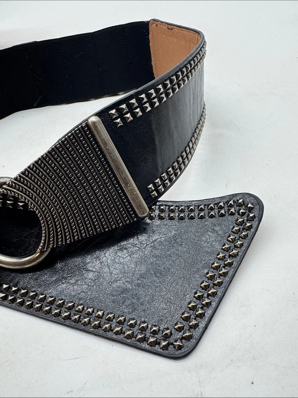 Black Studded Elastic Waist Belt with Ring Buckle